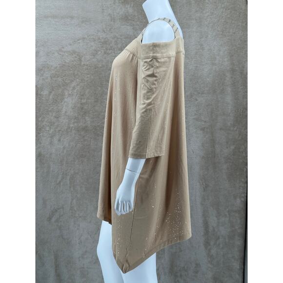 Roamans Top Womens 18 20 Tan Tunic Cold Shoulder Sparkle Embellished Party NYE - Picture 5 of 11
